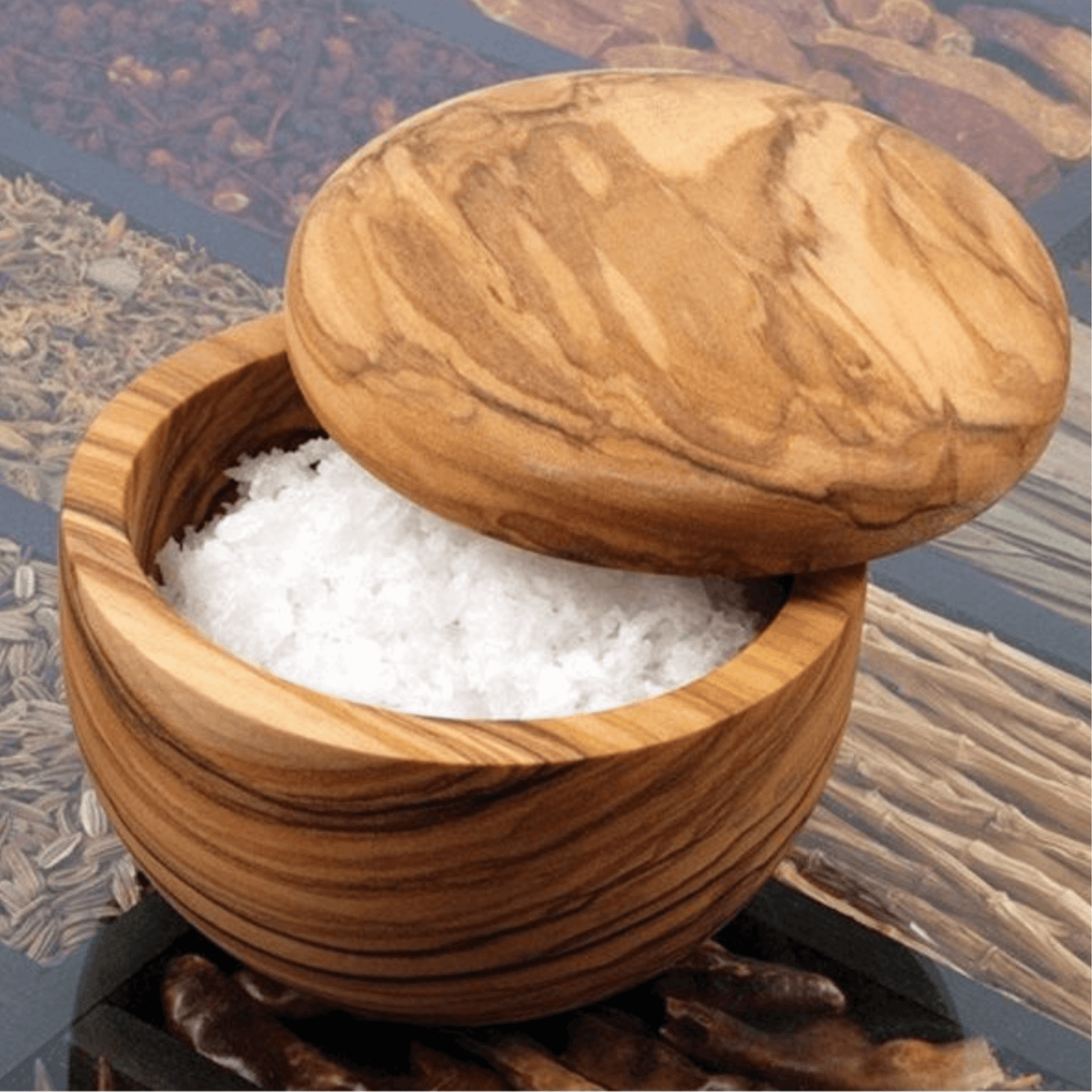 Olive Wood Salt Keeper – Small Container with Removable Wooden Lid